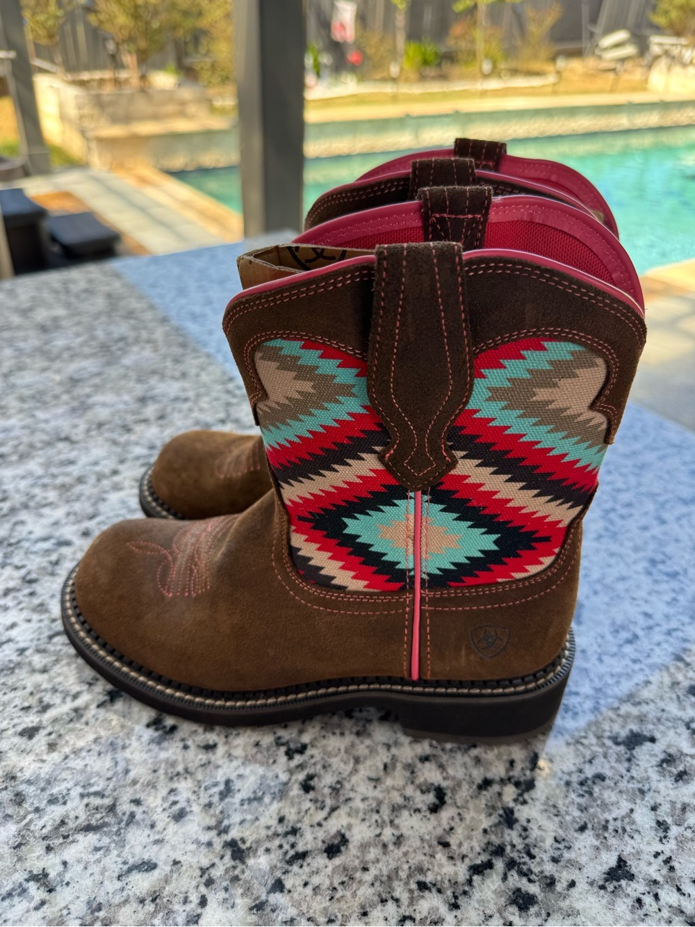 Ariat Brown Western Boots with Pink & Turquoise Aztec Panel 7.5